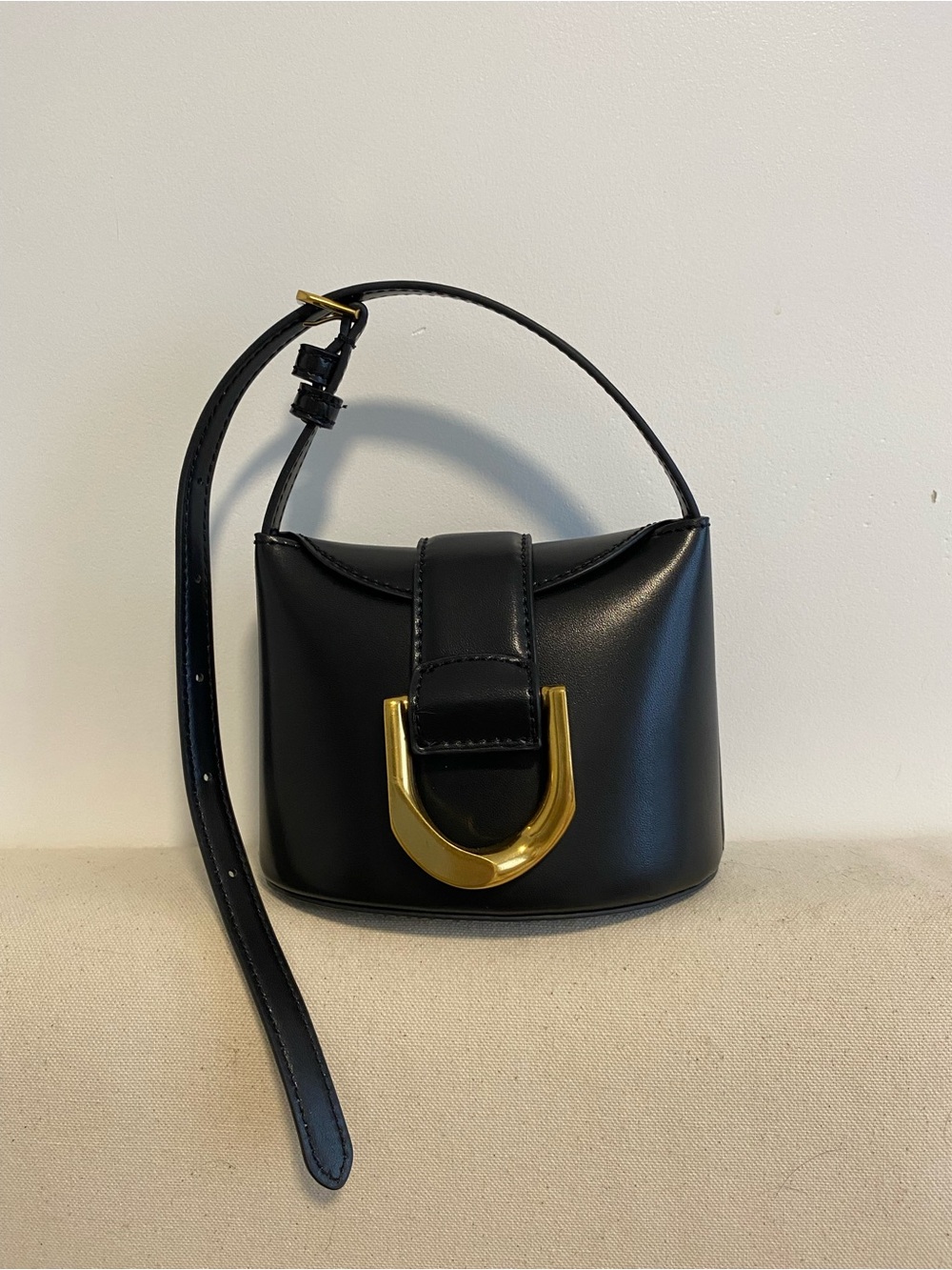 Charles & Keith Gabine Black Leather Shoulder Bag with Gold Hardware